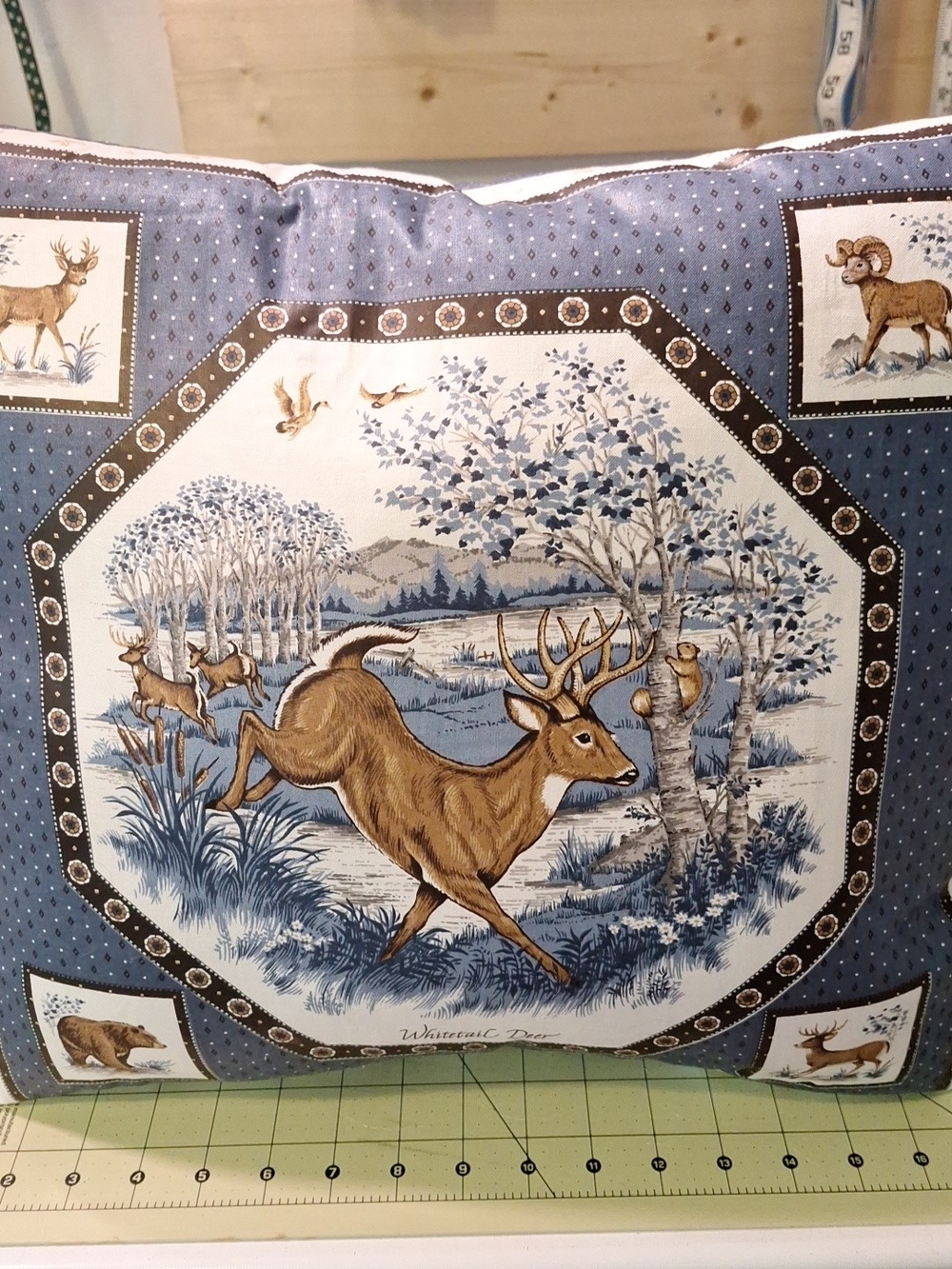Vintage Handmade Rustic Deer Print Decorative Pillow - Blue and Brown